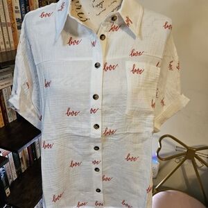 Sage + Fig Oversized White Shirt with Red "Love" Script